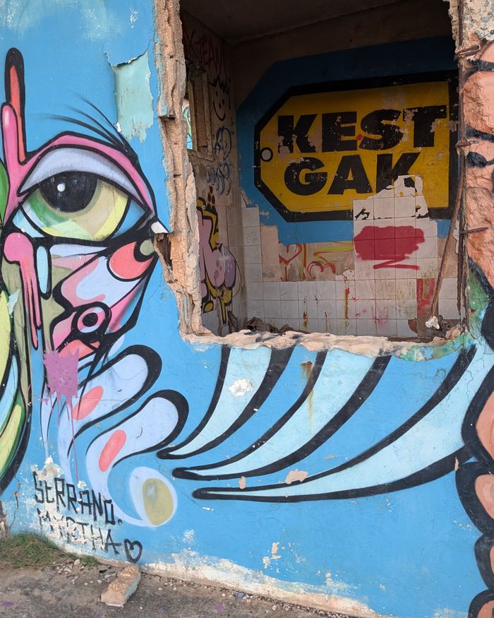 Abstract eye and butterfly motif in pink and black painted on a crumbling urban wall