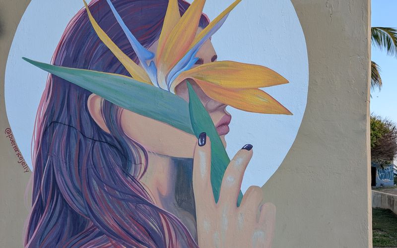 Delicate mural of a woman holding a bird of paradise flower against a circular backdrop